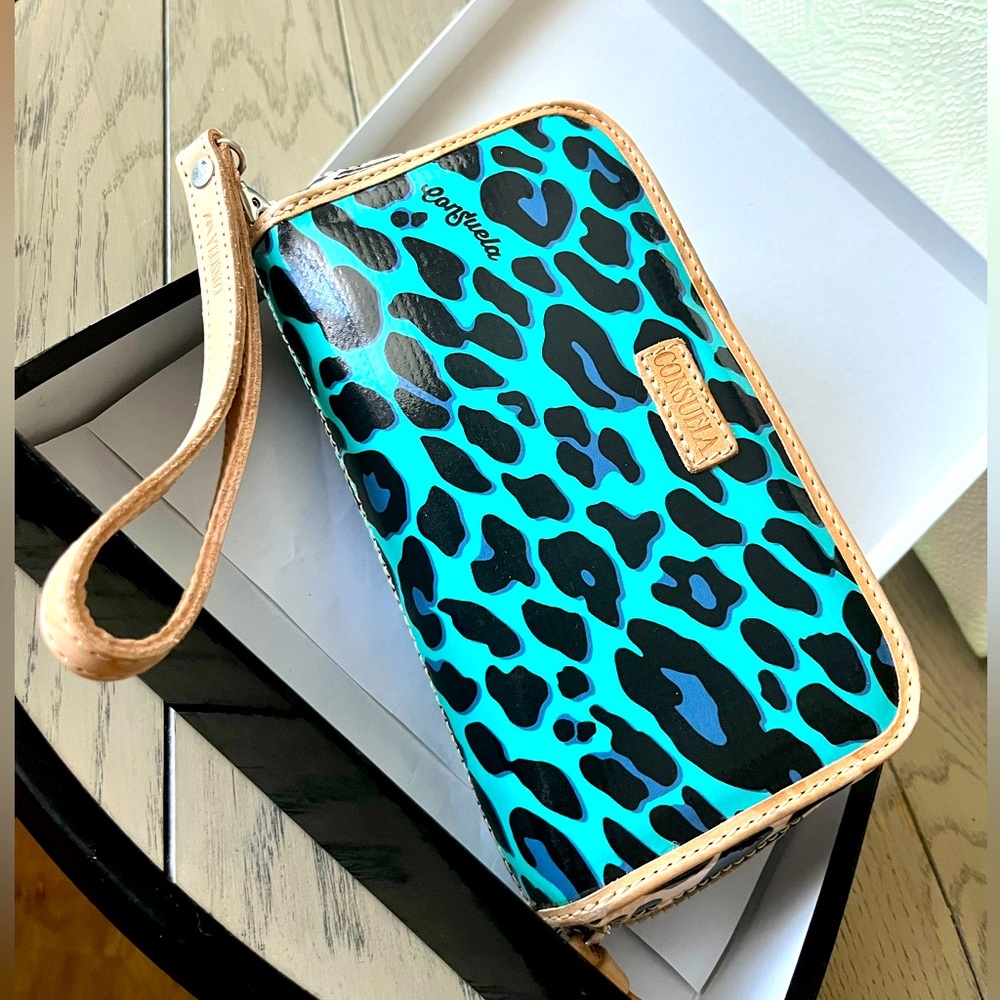Consuela Turquoise and Black Leopard Print Wristlet
